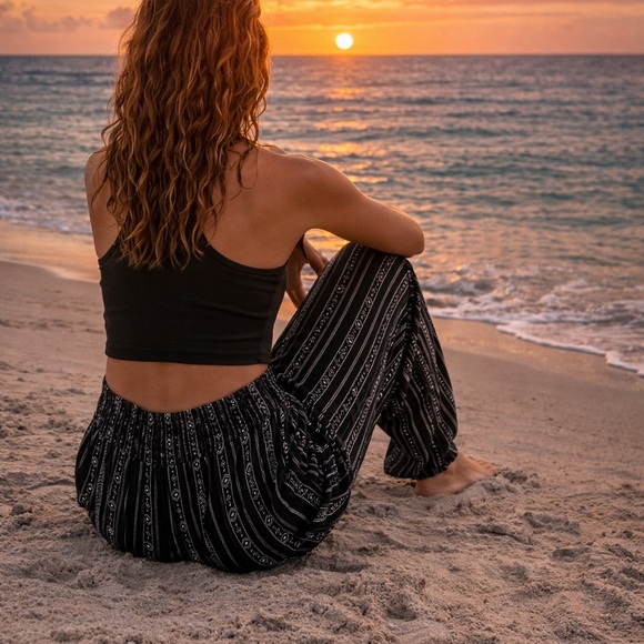 Lotus and Luna Pants - Black Cropped Tank Top with Black Patterned Harem Pants
